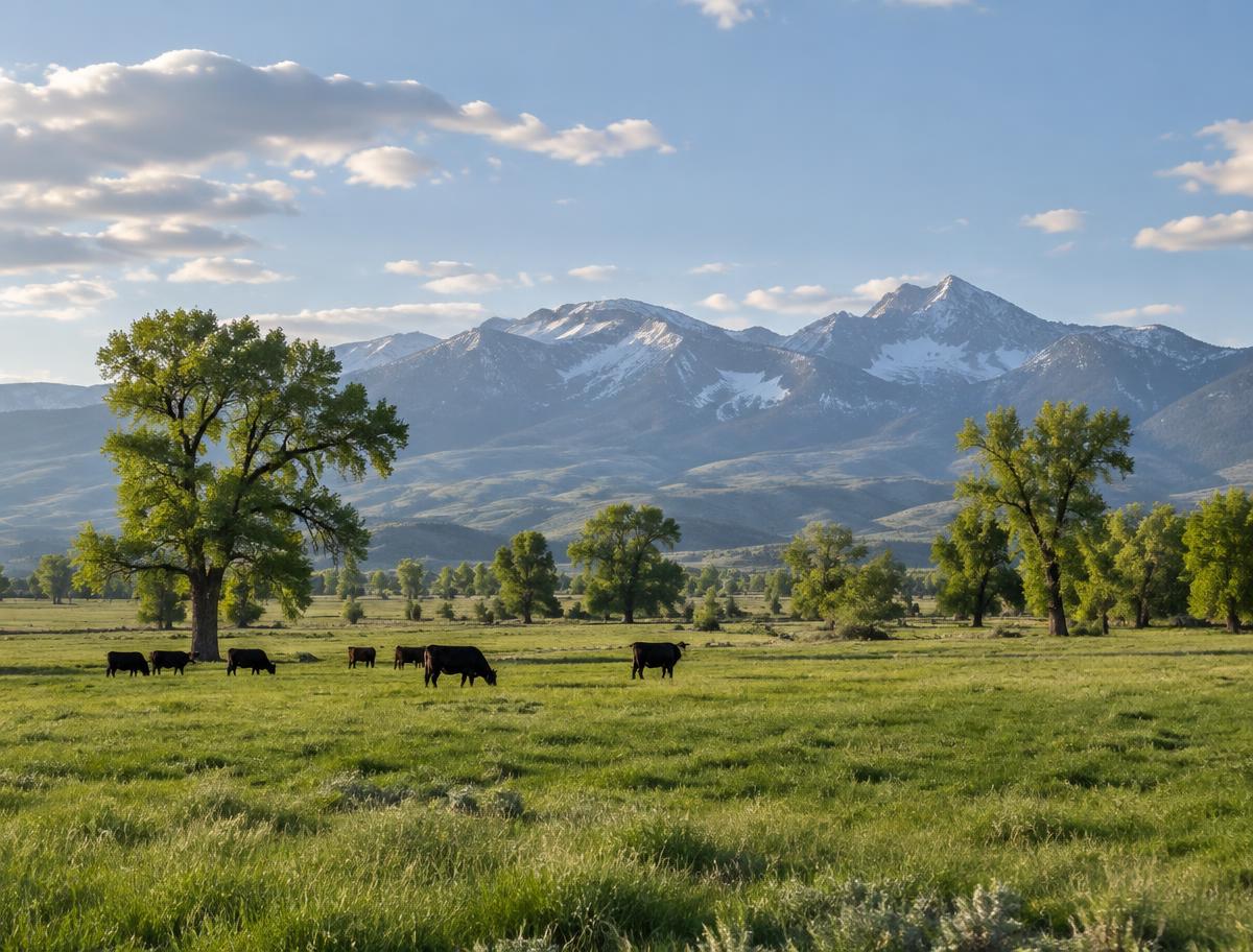 Green pasture with trees and mountains in Utah