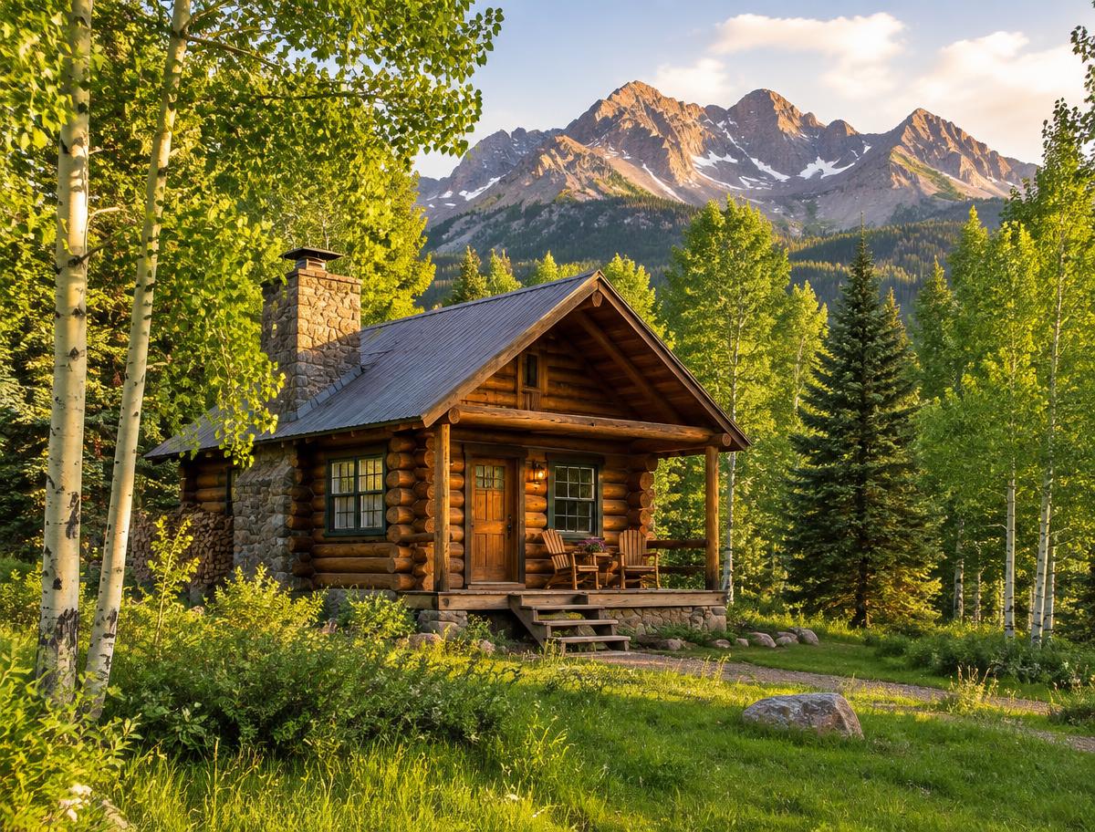 Well-kept log cabin among aspen and pine trees in the Utah mountains