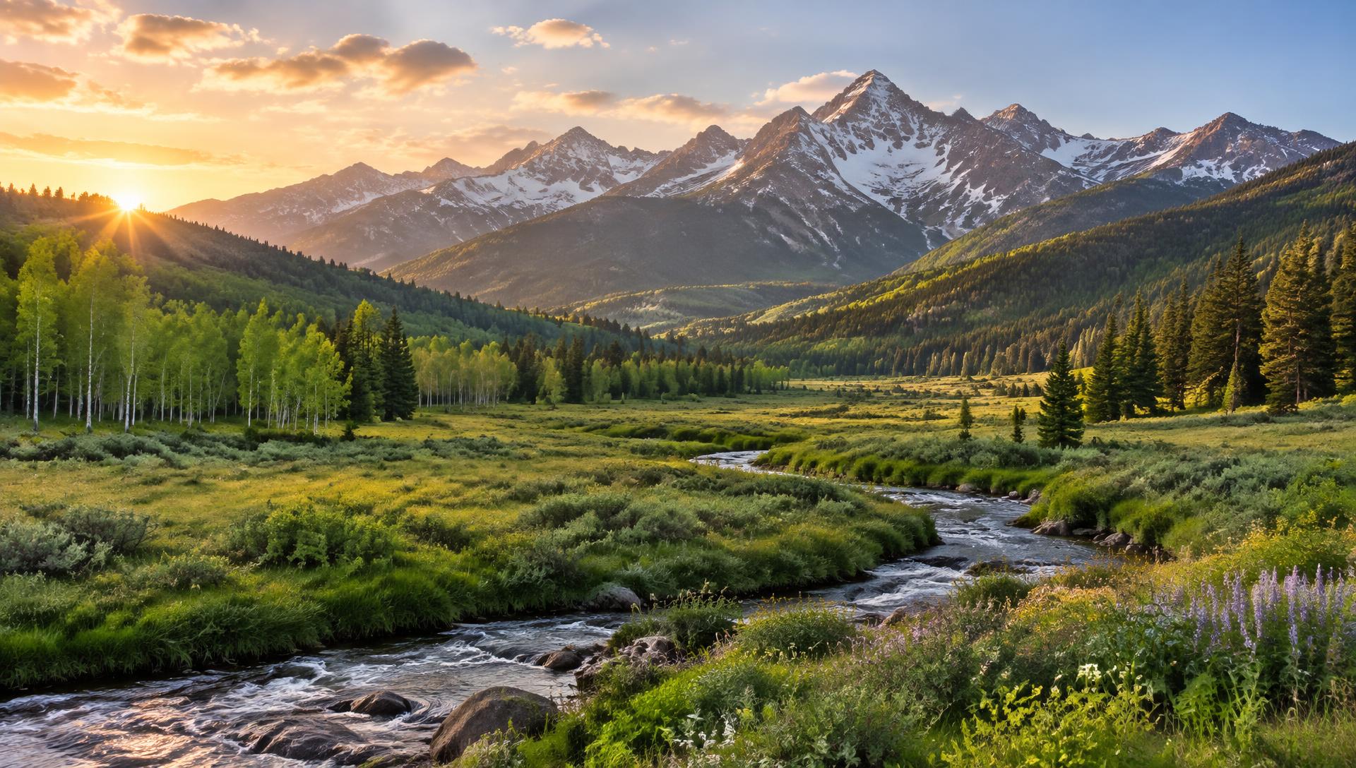 Green Utah mountain valley with a stream at golden hour